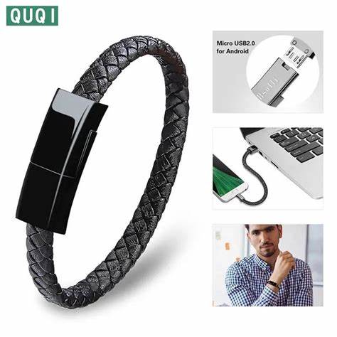 Pulseira Cabo de Carregamento em Couro PU  Iphone & Tipo C