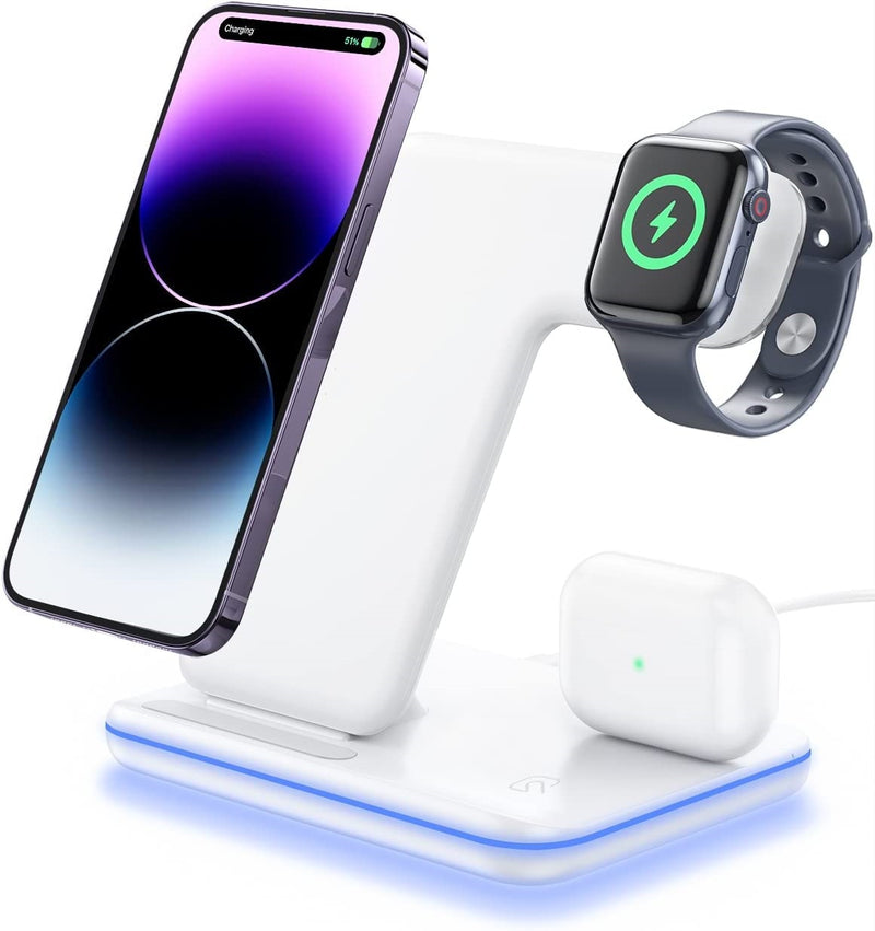 Carregador Sem Fio 3 em 1 – Indução para Smartphone, Smartwatch e AirPods