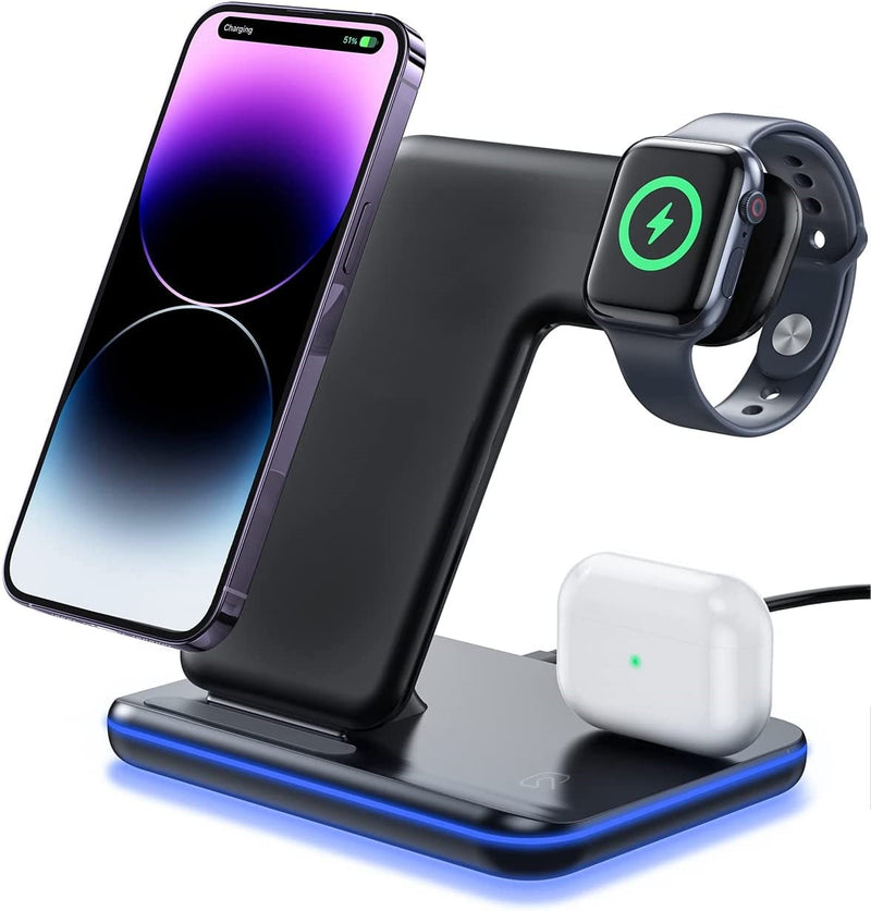 Carregador Sem Fio 3 em 1 – Indução para Smartphone, Smartwatch e AirPods
