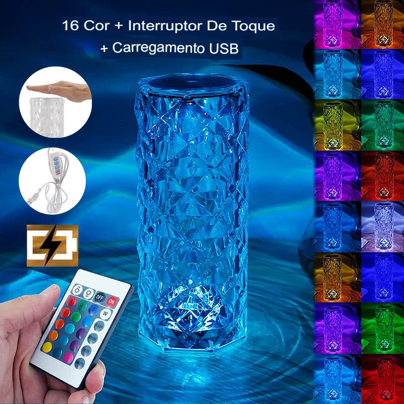 Luminária de Cristal RGB – 16 Cores com Controle Remoto + Frete Grátis